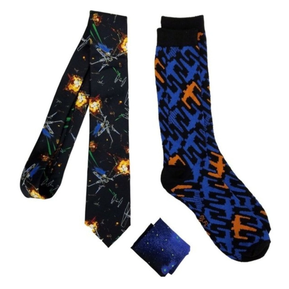 Star Wars Mens Necktie Pocket Square Crew Socks‎ 3pc Gift Set X-Wing TIE Fighter
